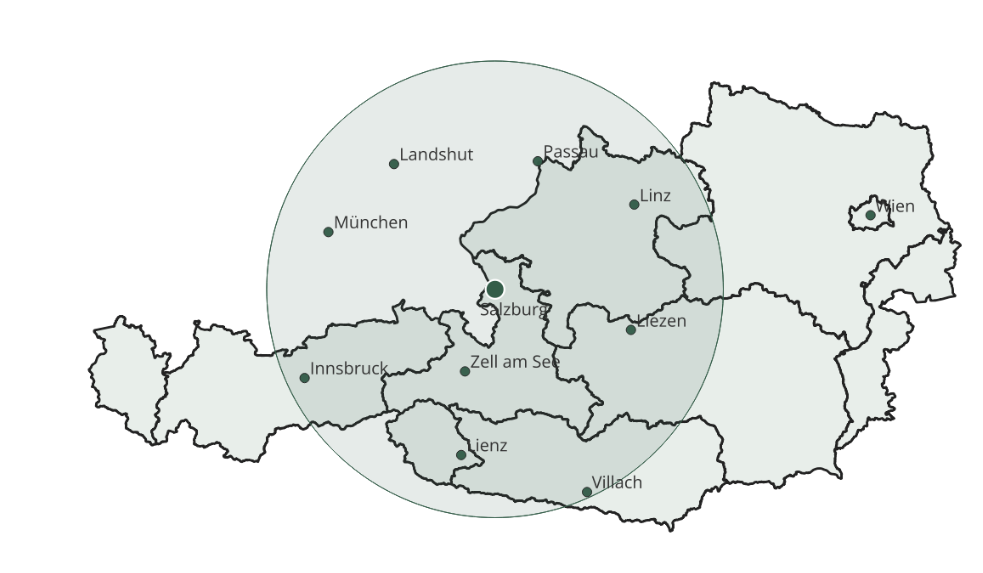 Karte Einsatzgebiet Einsatzgebiet von Ladlerei rund um Salzburg mit angrenzenden Regionen in Oberösterreich, Tirol und Bayern